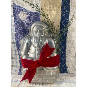 Vintage Santa Claus Aluminum Cake Pan Mold With Chimney & Red Ribbon